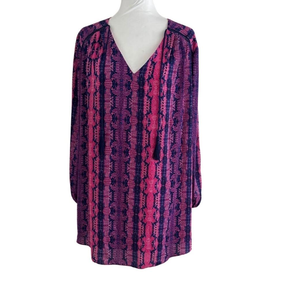 Buddy Love Pink Snakeskin Abstract Print V Neck Long Sleeve Tunic Blouse Top l L